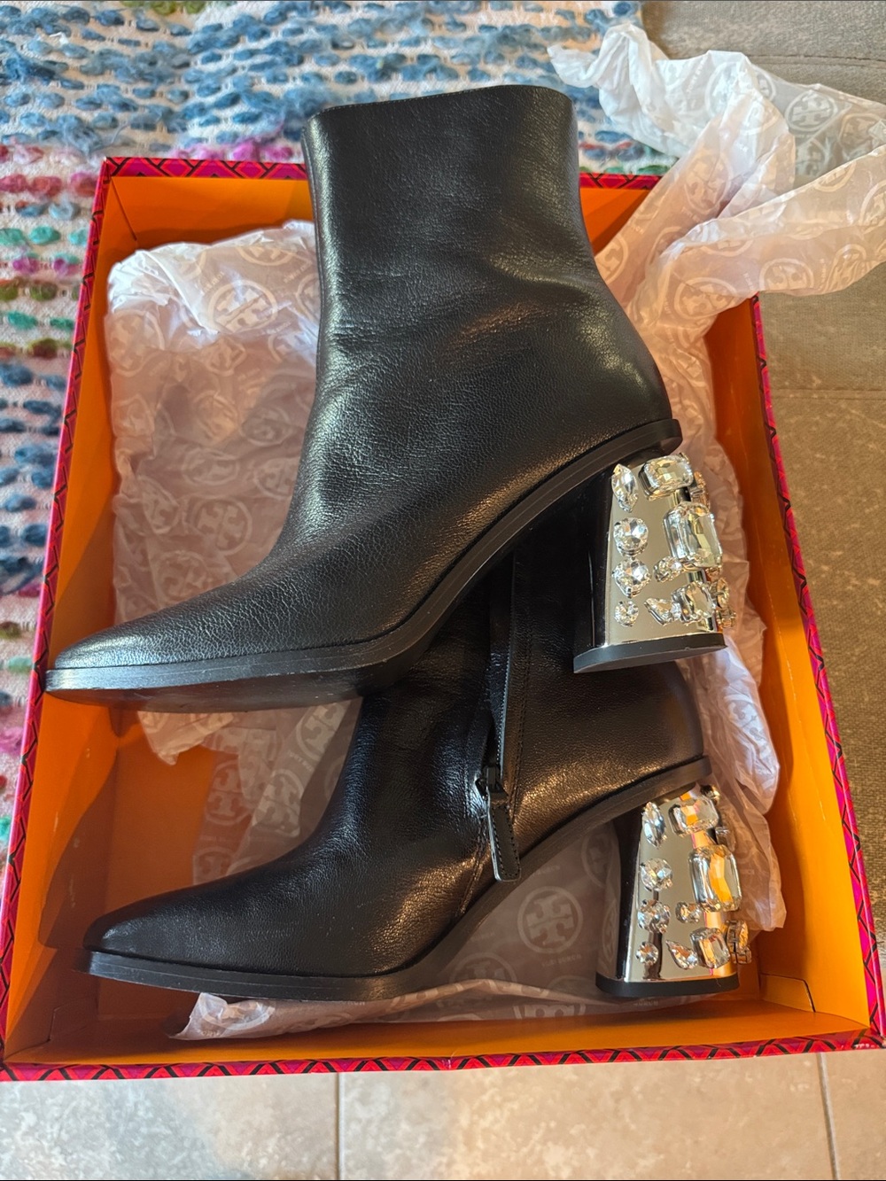 Tory Burch Leather Ankle Boots with Embellished Silver Block Heel